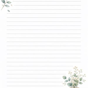 May include: White lined stationery paper with watercolor floral accents. Delicate sprigs of white flowers and green leaves adorn the top left and bottom right corners. A glass jar filled with flowers and tied with twine is in the bottom right.
