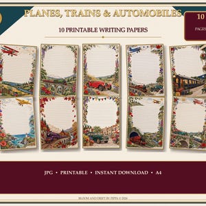 以下が含まれることがあります： PLANES, TRAINS & AUTOMOBILESと題された10枚の印刷可能な便箋セット。各シートには罫線が引かれた書き込みスペースがあり、カラフルな花の縁取りと、飛行機、列車、自動車などのヴィンテージ車両のイラストが描かれています。