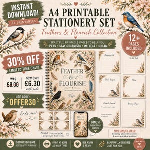 May include: A4 printable stationery set with a floral and bird theme. The set includes a notebook, notepads, and a phone lock screen. The notebook is titled "Feather & Flourish" and features illustrations of birds and feathers. The set is designed to help with planning and organization.