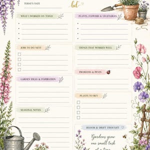 Könnte beinhalten: Eine Gartenplaner-Seite mit dem Titel GARDENING Notes und Abschnitten für tägliche Aufgaben, Pflanzen und Ideen. Das Layout zeigt Aquarellillustrationen von Glyzinien, Lavendel, Fingerhut, einer Metallgießkanne und Terrakottatöpfen mit dem Text Gardens grow one small task at a time.
