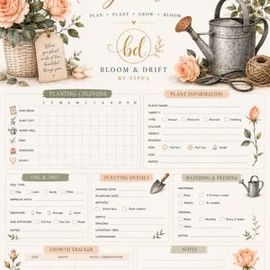 Könnte beinhalten: Ein gedruckter Pflanzleitfaden mit pfirsichfarbenen Rosen, einer Metallgießkanne und Gartengeräten. Das Dokument enthält Abschnitte für einen Pflanzkalender, Pflanzeninformationen, Bodendetails, Pflanzspezifikationen, Bewässerung und Wachstum.