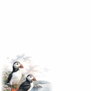 May include: A white stationery sheet featuring the text bd BLOOM AND DRIFT by Pippa at the top. The bottom left corner displays a detailed illustration of two puffins standing on a grassy cliff edge overlooking the ocean with pink flowers.