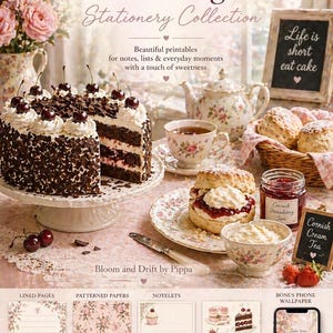 Puede incluir: Una colección de papelería con temática dulce, con una tarta de chocolate con cerezas, bollos con mermelada y crema, y una taza de té. La imagen incluye el texto "The Sweet Indulgence Stationery Collection."