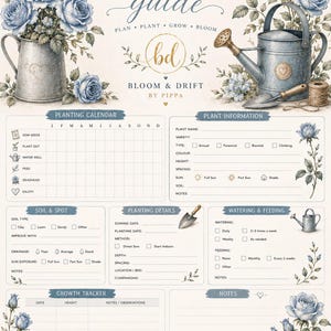 Könnte beinhalten: Ein gedruckter Pflanzleitfaden mit blauen Rosen, einer Metallgießkanne und einer Handschaufel. Das Dokument enthält Abschnitte für einen Pflanzkalender, Pflanzeninformationen, Boden- und Standortdetails, Pflanzdetails, Bewässerung und Wachstum.