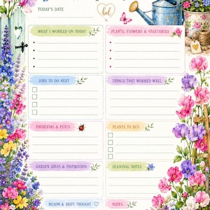 Könnte beinhalten: Eine Gartenplaner-Seite mit dem Titel Gardening Notes und Abschnitten für Aufgaben, Pflanzen und Beobachtungen. Der Rand zeigt Aquarellillustrationen von bunten Blumen, einer blauen Gießkanne, einem Korb und Gartenwerkzeugen.