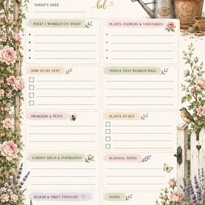 Könnte beinhalten: Ein Gartenplaner-Blatt mit dem Titel Gardening Notes mit Abschnitten für tägliche Aufgaben, Pflanzen und Beobachtungen. Das Design zeigt Illustrationen von rosa Rosen, Lavendel, einer Gießkanne, einem Vogel und einer Pflanzschaufel.