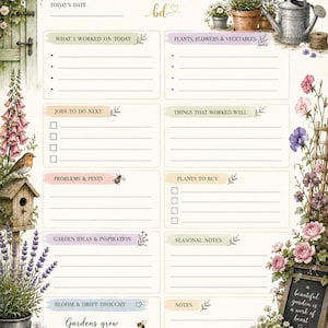 Könnte beinhalten: Eine Gartenplaner-Seite mit dem Titel Gardening Notes und Abschnitten für tägliche Aufgaben, Pflanzen und Beobachtungen. Das Layout zeigt Aquarellillustrationen von Blumen, einem Vogelhaus, einer Gießkanne und einem Schild mit der Aufschrift a beautiful garden is a work of heart.