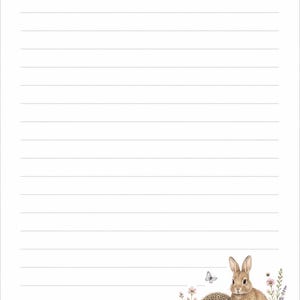 May include: White lined writing paper featuring a watercolour illustration of a rabbit and hedgehog amongst flowers. A butterfly and the text "bloom and drift by Pippa" are also visible. The paper has horizontal grey lines.