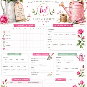 Könnte beinhalten: Ein weißes Pflanzanleitungsblatt mit rosa Rosen, einer Metallgießkanne und einer rosa Gießkanne. Das Dokument enthält Abschnitte für einen Pflanzkalender, Pflanzeninformationen, Bodenbeschaffenheit, Pflanzdetails und einen Wachstumstracker.
