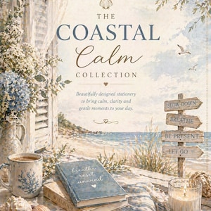May include: An artistic image featuring a coastal theme with a cup of coffee, books, seashells, and a lit candle. The text reads "The Coastal Calm Collection" and "breathe, reset, unwind". A signpost directs to "Slow Down", "Breathe", "Be Present", and "Let Go".
