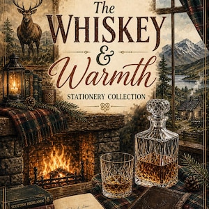 May include: An illustrated advertisement for the "Whiskey & Warmth Stationery Collection." The image features a cozy scene with a fireplace, whiskey decanter, glass, books, and a notebook. The text "Take it slow. It'll be reet" is visible.