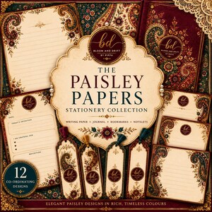 May include: A stationery collection featuring elegant paisley designs in rich, timeless colors. The set includes writing paper, a journal, bookmarks, and notelets. The collection is branded "Bloom and Drift by Pippa" and includes 12 coordinating designs.
