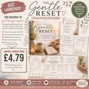 May include: A self-help guide called "The Gentle Reset" with a spiral binding, a coffee cup, and a notebook. The cover text reads "For when life feels a little too much." The guide includes pages with text and illustrations.