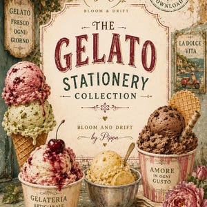May include: A vintage-style illustration featuring gelato. The image showcases various gelato flavors in cones and cups, with the text "The Gelato Stationery Collection" and "Bloom & Drift by Pippa". Includes the words "Instant A4 Download".
