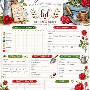 Könnte beinhalten: Ein weißes Pflanzanleitungsblatt mit roten Rosen, einer Metallgießkanne, einer Handschaufel und Gartenhandschuhen. Der Text enthält Planting Guide, Bloom & Drift by Pippa sowie Abschnitte für einen Pflanzkalender, Pflanzeninfos und Wachstum.