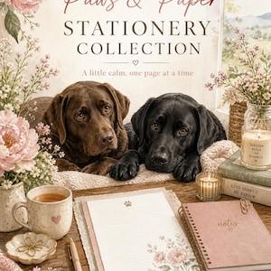 May include: A stationery collection with the text "Paws & Paper" featuring a brown and black Labrador Retriever. The image includes a notebook, pen, teacup, and floral accents. The text "A little calm, one page at a time" is also visible.
