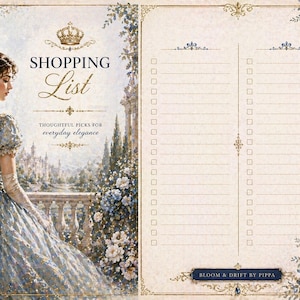Może przedstawiać: Lista zakupów w stylu vintage z kobietą w niebieskiej sukni, koroną i napisem "SHOPPING List". Lista ma kwiatową obwódkę z niebieskimi i białymi kwiatami. Zawiera również tekst "Thoughtful picks for everyday elegance".