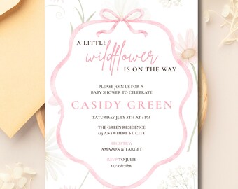 Invitación para baby shower con diseño de flores silvestres, invitación floral estilo boho editable (descarga digital)