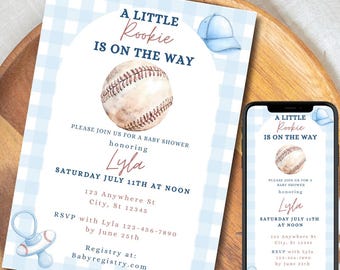Invitación para baby shower "Little Rookie" / Tema deportivo de béisbol (Canva editable, descarga digital)