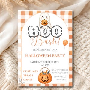 Invitación para fiesta de Halloween Boo Bash / Invitación para fiesta de Halloween / Invitación de Halloween con calabaza fantasma / Invitación digital editable en Canva