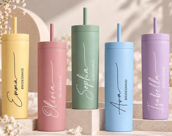 Bicchiere personalizzato per damigella d'onore con cannuccia, tazza sottile con nome personalizzato, regalo colorato per la festa di matrimonio, bomboniera per addio al nubilato, regalo per la proposta di damigella d'onore