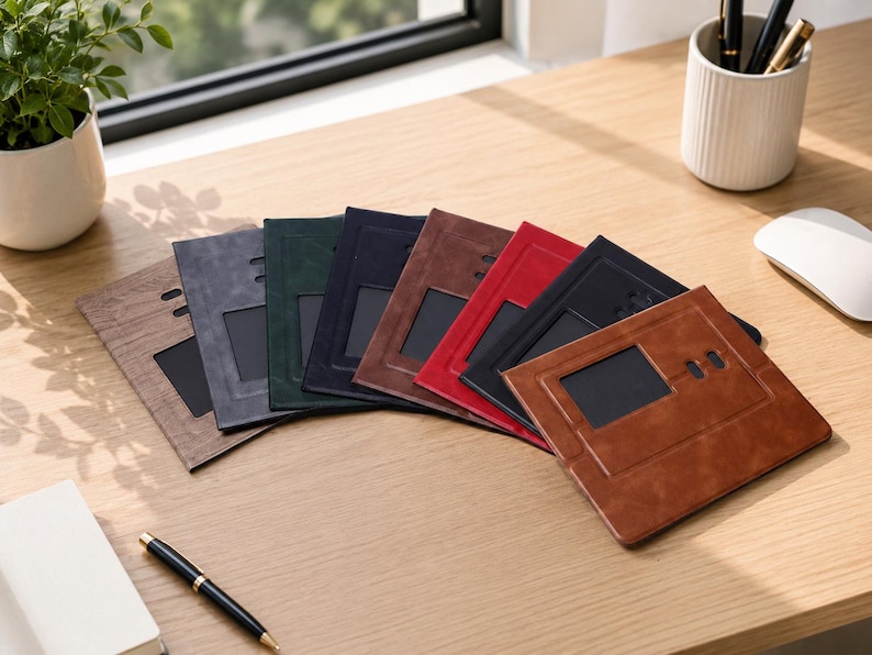 May include: A collection of rectangular passport holders arranged in a fan shape, featuring various colors including brown, gray, green, dark blue, reddish-brown, red, and black. Each holder has a clear rectangular window and two small oval cutouts.