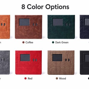 May include: Eight rectangular cases with a rectangular cutout and two small vertical slots, displayed in brown, coffee, dark green, blue, gray, red, wood grain, and black. The text 8 Color Options is centered above the grid of items.