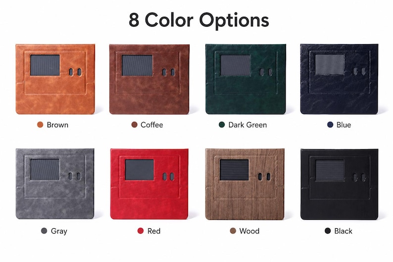 May include: Eight rectangular cases with a rectangular cutout and two small vertical slots, displayed in brown, coffee, dark green, blue, gray, red, wood grain, and black. The text 8 Color Options is centered above the grid of items.