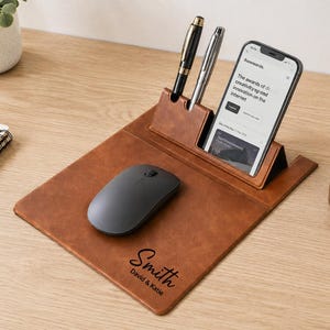 Personalized multifunctional Leather Mouse Pad with Phone Stand &Pen Holder, custom office desk accessory, Father's Day gift, corporate gift image 2