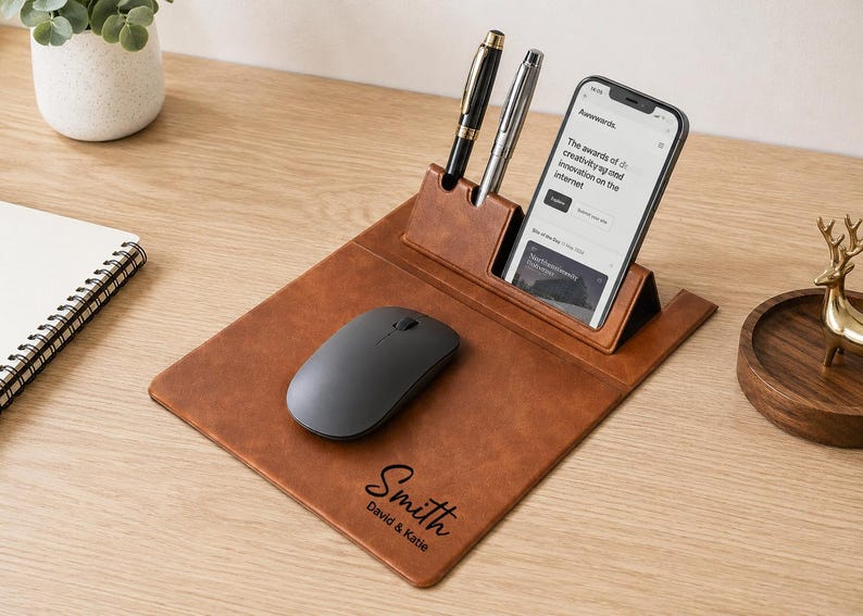 Personalized multifunctional Leather Mouse Pad with Phone Stand &Pen Holder, custom office desk accessory, Father's Day gift, corporate gift image 2