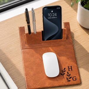 Personalized multifunctional Leather Mouse Pad with Phone Stand &Pen Holder, custom office desk accessory, Father's Day gift, corporate gift image 3