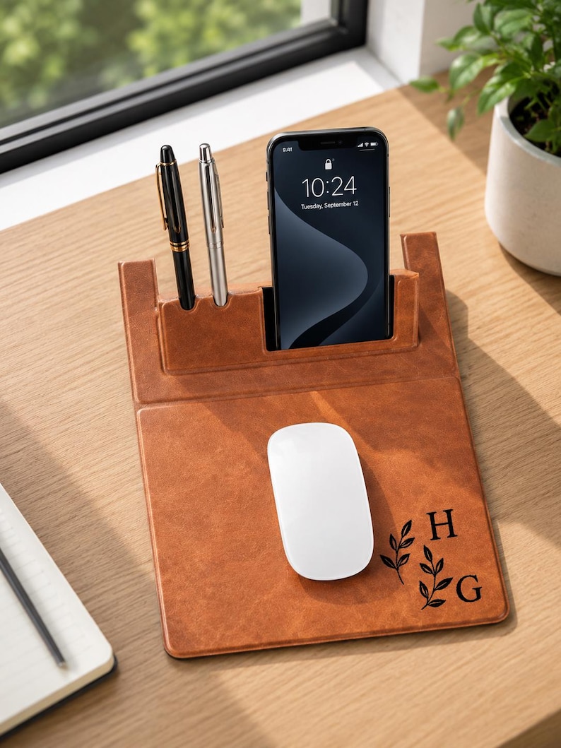 Personalized multifunctional Leather Mouse Pad with Phone Stand &Pen Holder, custom office desk accessory, Father's Day gift, corporate gift image 3