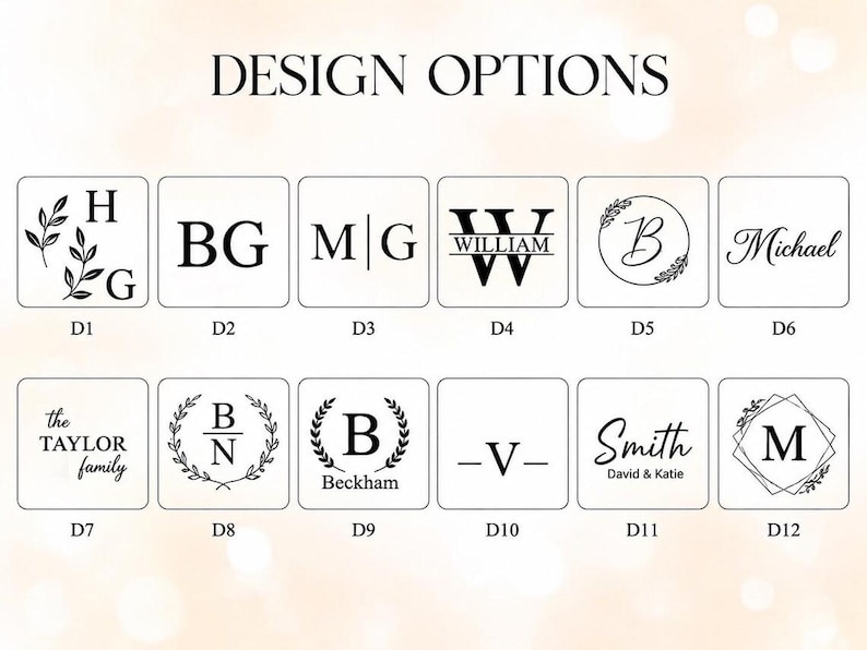 May include: A grid of twelve square design options labeled D1 through D12, each featuring black text and graphic elements on a white background. The designs include various monograms, names like William, Michael, Beckham, Smith, and David & Katie.