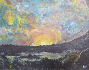 lake sunset - 10 x 8 digital print of original acrylic on canvas
