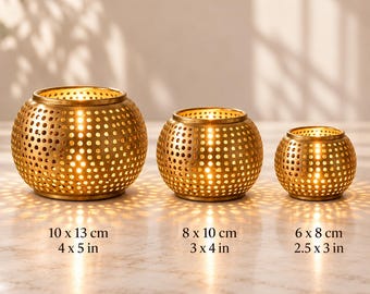 set of 3 Moroccan Gold Candle Holders – Perforated Metal Lanterns,Boho Table Decor
