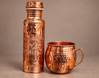 Bottle and Mug Set,Hammered Copper Water Bottle and Mug Set, Engraved Moroccan Design, Unique Gift