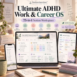May include: A digital Notion workspace template titled Ultimate ADHD Work & Career OS, displayed on a laptop, tablet, and smartphone. The interface features dashboards for career planning, task systems, routines, and goal tracking with icons.