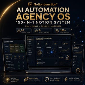 Könnte beinhalten: Ein digitales Dashboard auf einem Laptop, Tablet und Smartphone mit dem NotionJunction AI Automation Agency OS. Die Benutzeroberfläche im Dark Mode mit goldenen Akzenten zeigt Kennzahlen, Projekt-Pipelines und 150-in-1 Systemkomponenten.