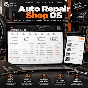 May include: A digital dashboard interface titled Auto Repair Shop OS displayed on a laptop and tablet. The screen shows metrics for repair orders, inventory, invoices, and vehicle records with text labels for organization, management, tracking, and growth.
