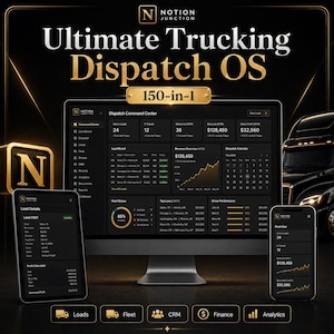 Może przedstawiać: Cyfrowy pulpit nawigacyjny o nazwie Ultimate Trucking Dispatch OS 150-in-1 wyświetlany na monitorze komputera, tablecie i smartfonie. Interfejs w trybie ciemnym ze złotymi akcentami prezentuje dane o ładunkach oraz wykresy przychodów.