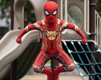 Red Gold Spider Hero Kids Costume with Mechanical Arms, Superhero Bodysuit with Mask, Halloween Cosplay Outfit for Boys Girls, Birthday Gift