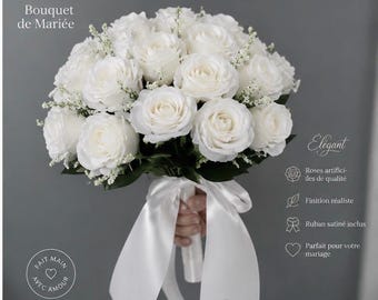 Brudbukett med vit ros, konstgjord brudbukett, sidenrosbröllopsblommor, brudbukett, elegant vit bröllopsdekoration