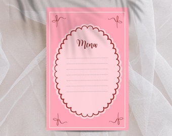 Plantilla de tarjeta de menú y tarjeta de lugar en color rosa, tarjetas de mesa de boda editables, diseño de menú imprimible, tarjetas de identificación, decoración para fiestas, descarga instantánea.
