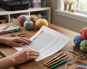 Tableau des tailles d'aiguilles à tricoter PDF imprimable Guide de conversion métrique États-Unis et Royaume-Uni Versions couleur et standard Référence artisanale