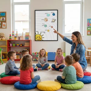 May include: A classroom scene with a teacher pointing at a solar system poster. Children sit on colorful floor cushions. The poster features a smiling sun and planets labeled with their names.