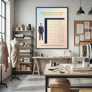 Op de afbeelding: Een kleermakerswerkplaats met een groot ingelijst "Male Body Measurement Guide with Global Size Conversion" diagram. De kamer bevat een naaimachine, paspoppen, stoffen rollen en een houten werktafel met gereedschap.