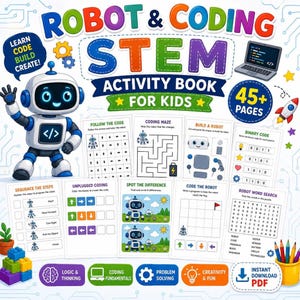 Coding Activity Book for Kids, Robot STEM Worksheets Ages 4-8, Printable PDF