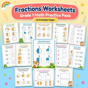 Puede incluir: Una colección de 45 hojas de trabajo imprimibles tituladas Fractions Worksheets Grade 1 Math Practice Pack. Las páginas incluyen varios ejercicios como colorear formas, emparejar fracciones y preguntas de verdadero o falso con ilustraciones de animales.