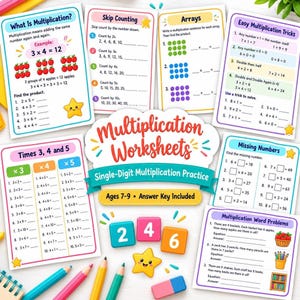 May include: A collection of educational multiplication worksheets for children, featuring colorful pages with math problems, skip counting exercises, arrays, and word problems, accompanied by small plastic number blocks and pencils.