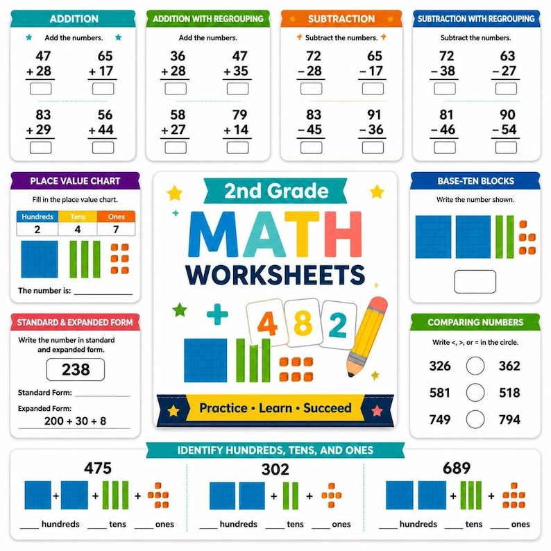Grade 2 Math Problem Worksheet 2nd Grade Math Worksheets, Printable Workbook | Addition, Subtraction ...